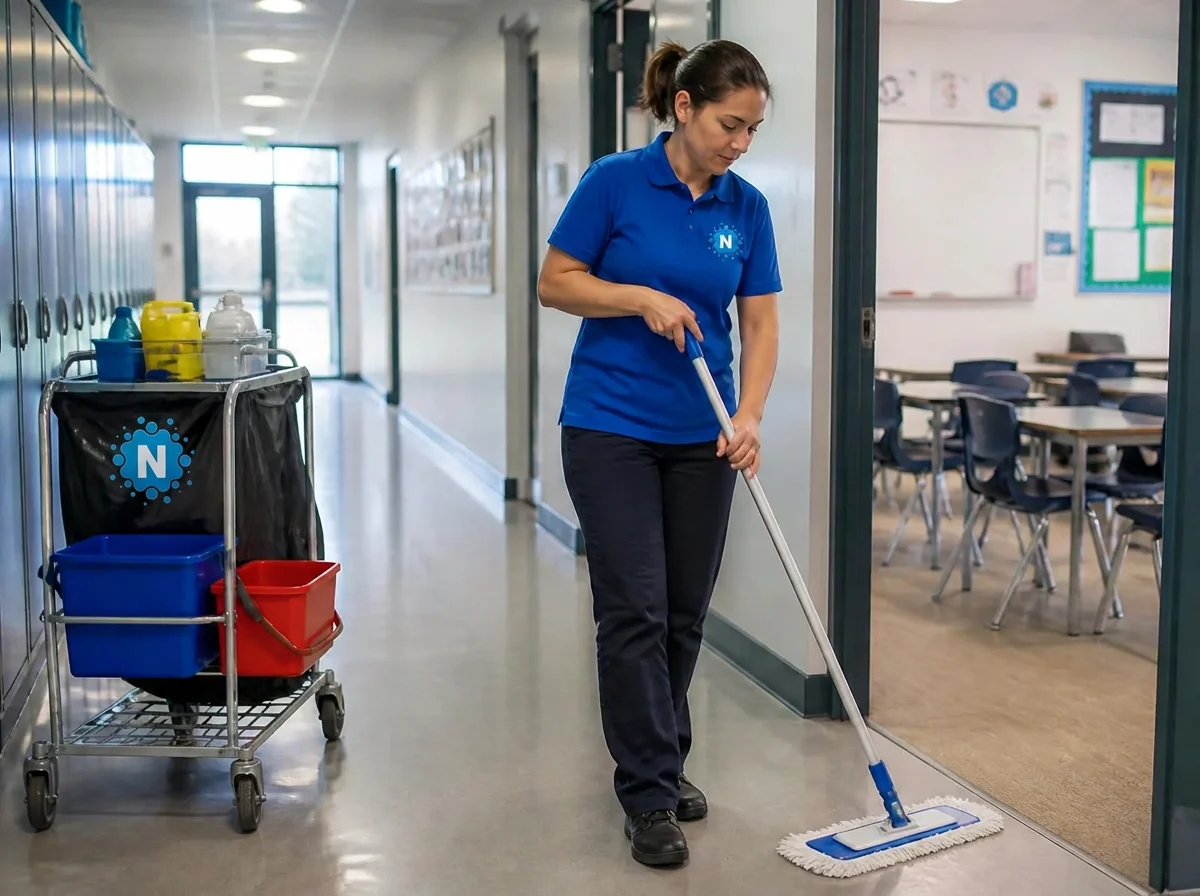 Cleaner mopping a bright school corridor beside a classroom, representative of education facility cleaning
