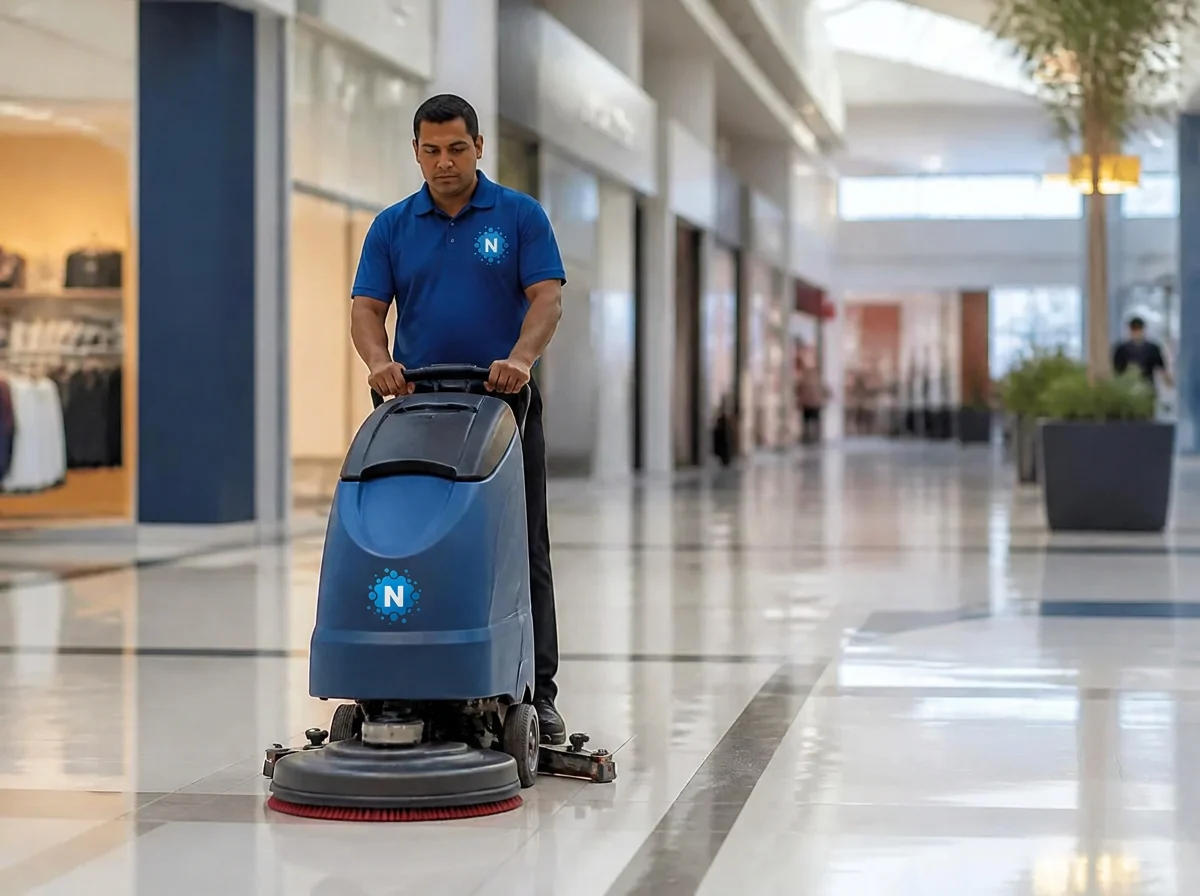 Operator running a floor scrubber across a polished shopping centre mall walkway, representative of retail centre presentation