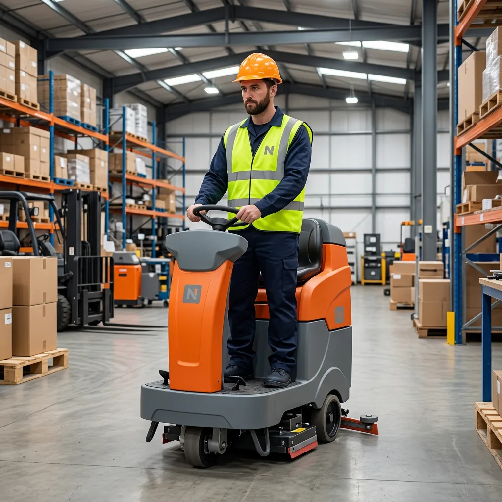 New Era operator in a high-visibility vest driving a ride-on floor scrubber along a warehouse distribution-centre aisle