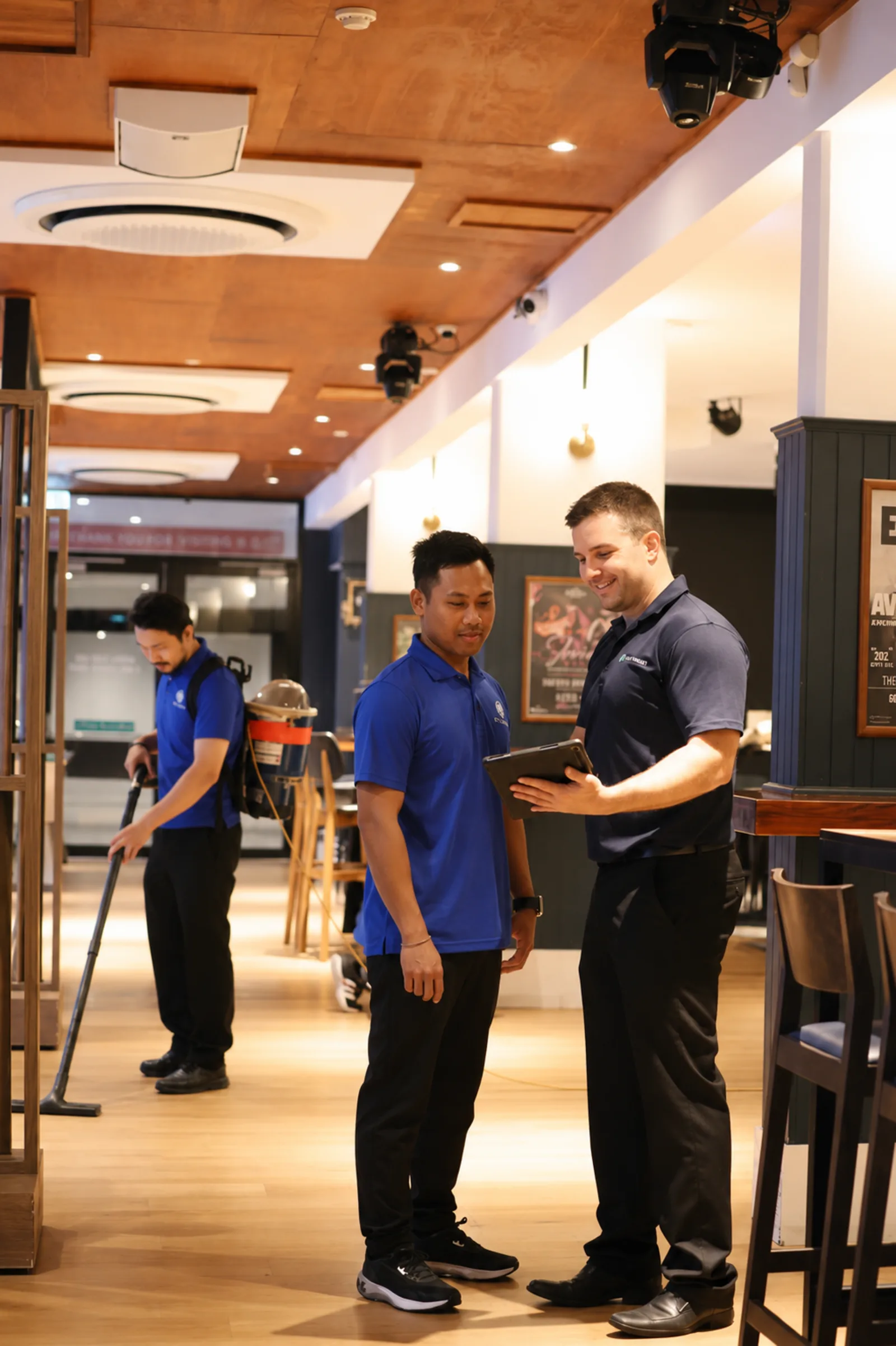 New Era managers reviewing site reporting on a tablet while a cleaner services a venue floor