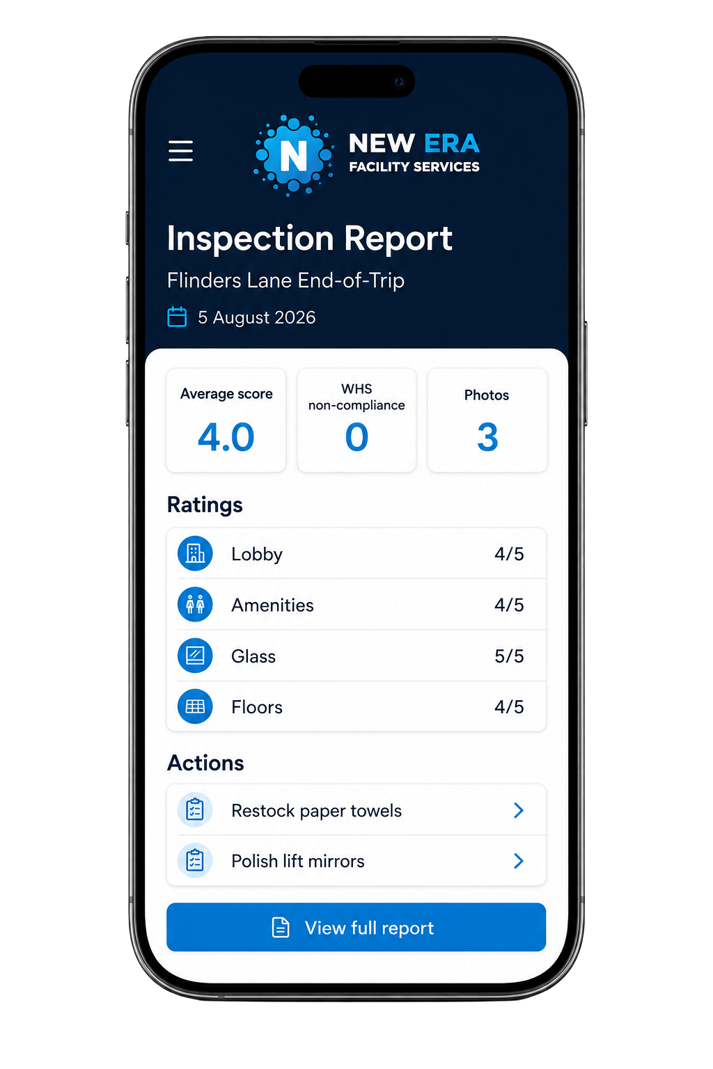 NEXUS inspection report on a phone showing average score, area ratings and actions