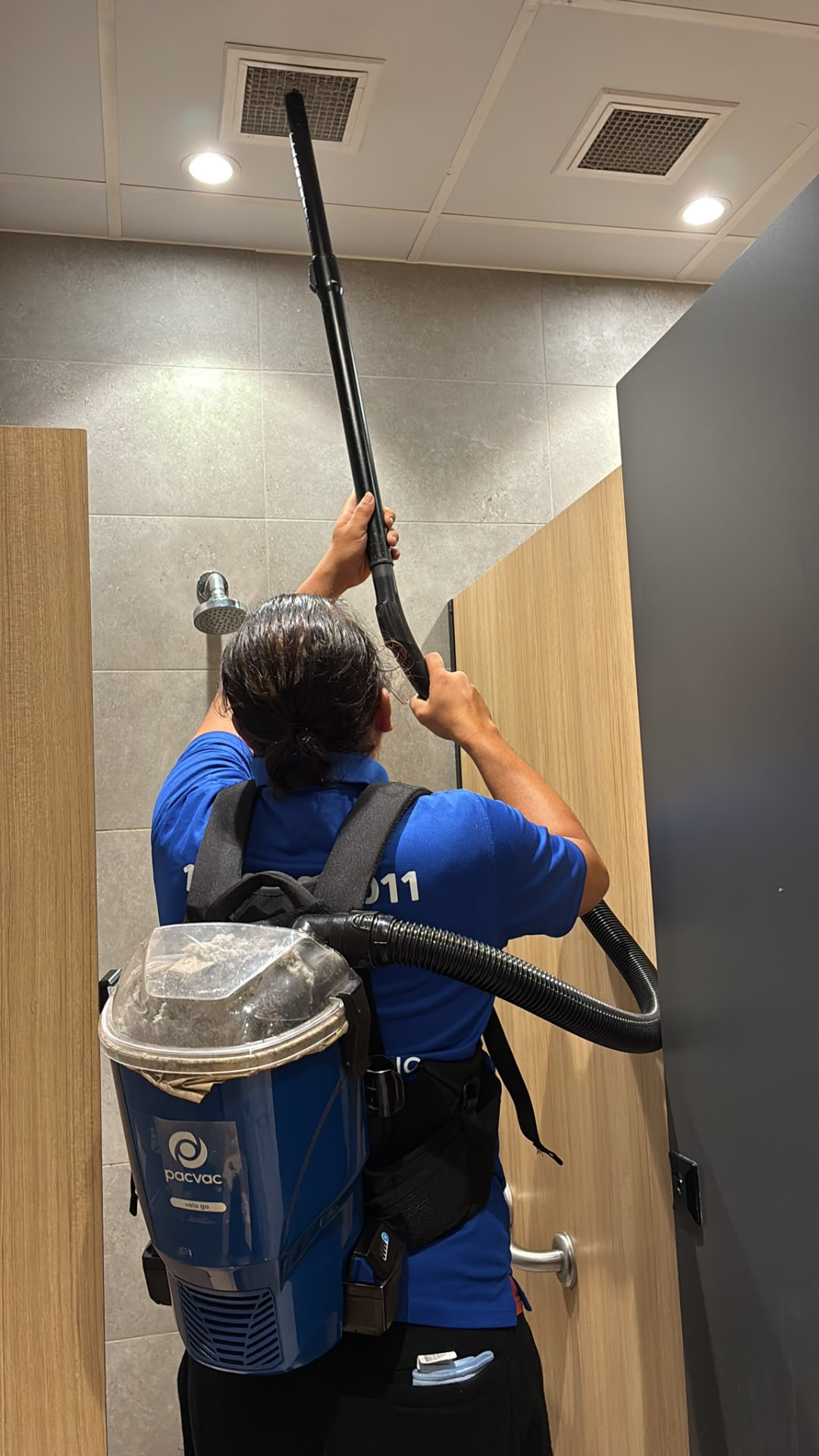 New Era team member completing high-level cleaning during venue mobilisation
