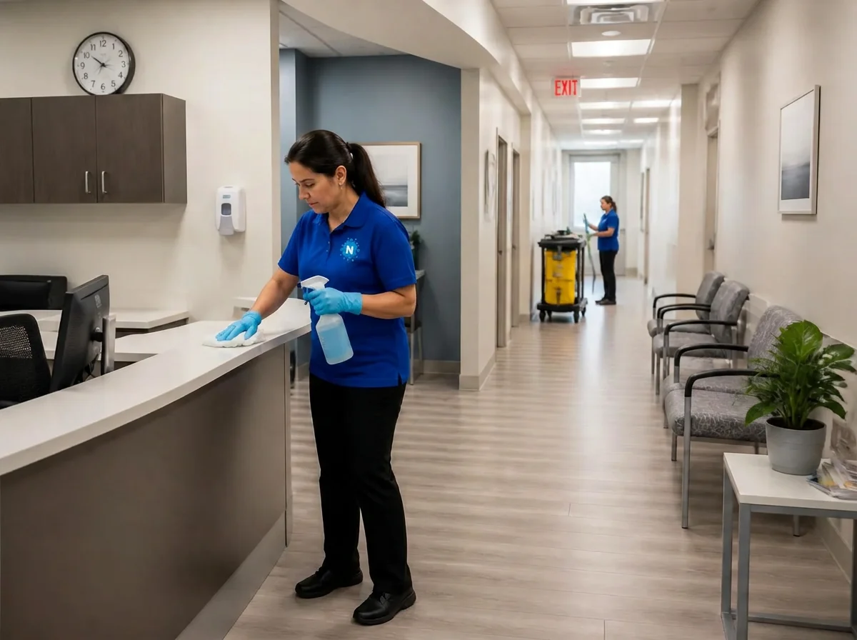 Cleaner disinfecting a medical clinic reception counter with a second team member servicing the corridor, representative of healthcare hygiene work