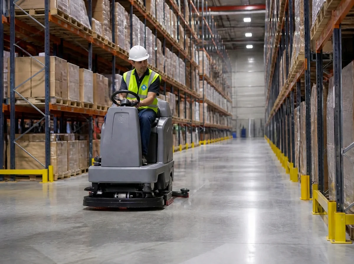 Operator driving a ride-on industrial scrubber down a warehouse aisle between pallet racking, representative of industrial and logistics floor care