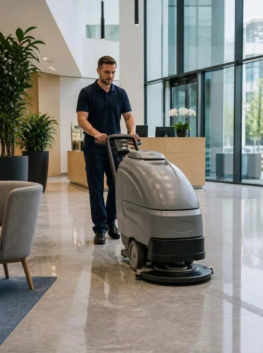New Era team member in a navy uniform operating a professional grey floor scrubber across the polished floor of a modern corporate office lobby