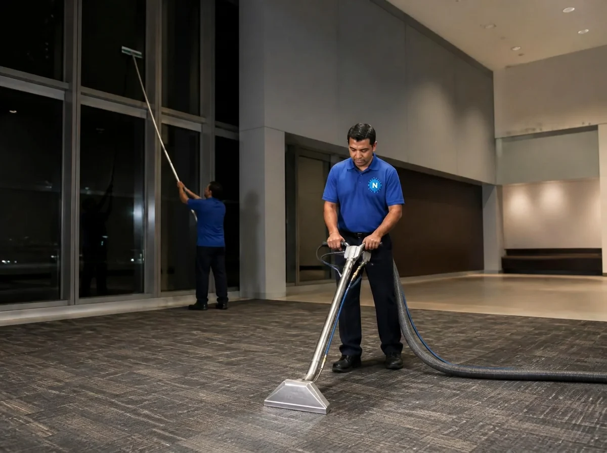 Technicians carrying out periodical carpet extraction and interior glass cleaning in an empty commercial building at night, representative of specialist periodical works