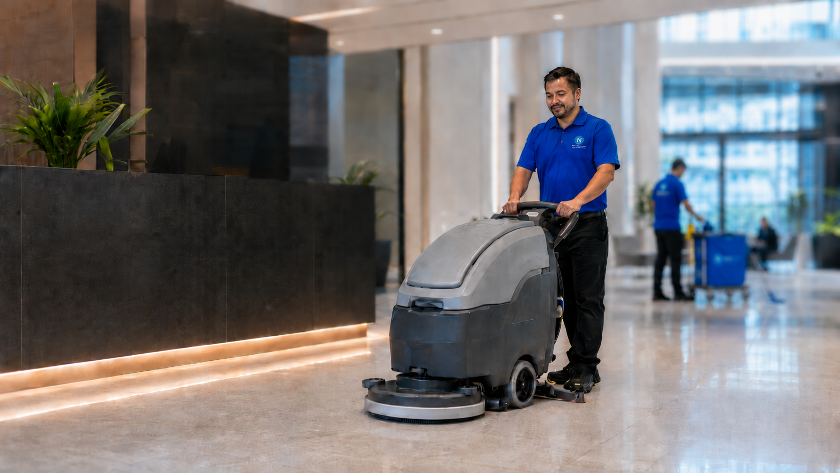 A New Era cleaner operating a floor-scrubbing machine across a polished commercial lobby floor while a second team member services the space behind him
