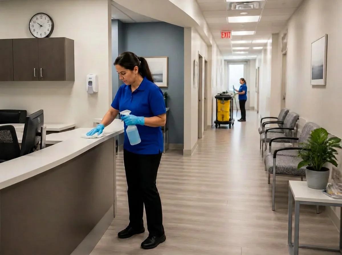 Cleaner disinfecting a medical clinic reception counter with a second team member servicing the corridor, representative of healthcare hygiene work